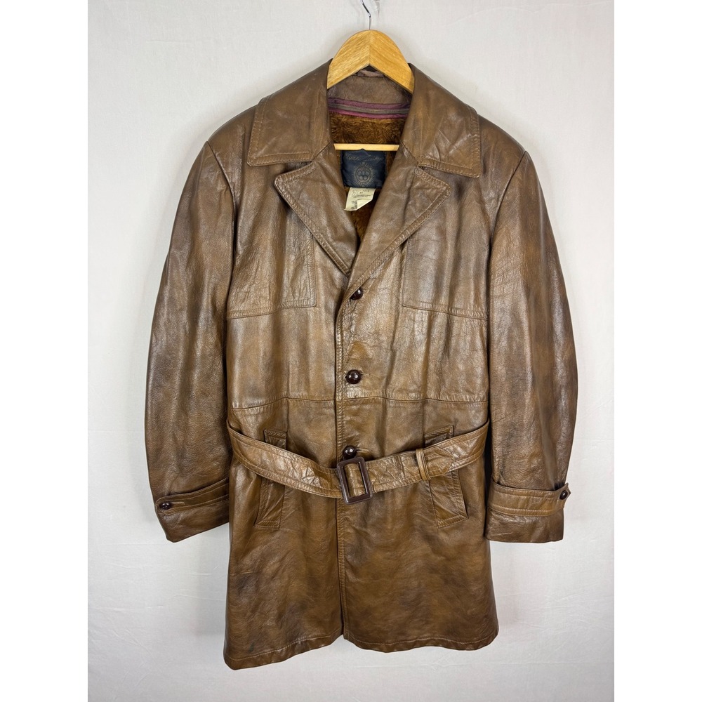 Olympic 70s Leather Vintage Brown Leather Trench Coat Belted LLined Mens 40